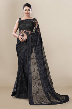 Admyrin Black Super Net Embroidery Saree with Blouse Piece