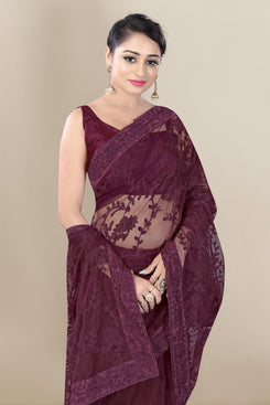 Admyrin Purple Super Net Embroidery Saree with Blouse Piece