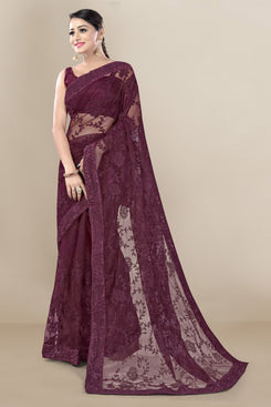 Admyrin Purple Super Net Embroidery Saree with Blouse Piece