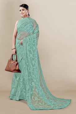 Admyrin Green Super Net Embroidery Saree with Blouse Piece