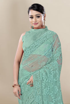 Admyrin Green Super Net Embroidery Saree with Blouse Piece