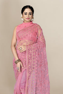 Admyrin Pink Super Net Embroidery Saree with Blouse Piece