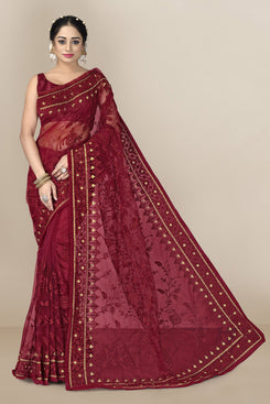 Admyrin Maroon Super Net Embroidery Saree with Blouse Piece