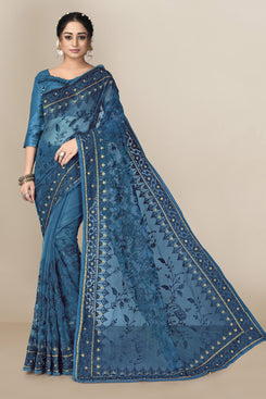Admyrin Blue Super Net Embroidery Saree with Blouse Piece
