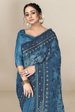 Admyrin Blue Super Net Embroidery Saree with Blouse Piece