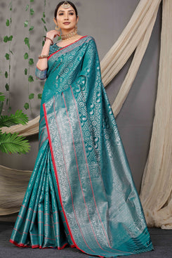 Admyrin Blue Banarasi Silk Woven Saree with Blouse Piece