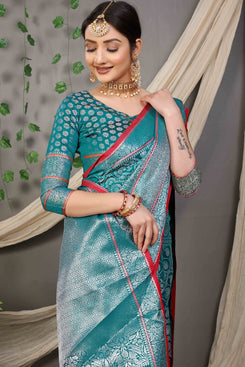 Admyrin Blue Banarasi Silk Woven Saree with Blouse Piece