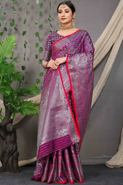 Admyrin Dark Purple Banarasi Silk Woven Saree with Blouse Piece