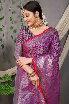 Admyrin Dark Purple Banarasi Silk Woven Saree with Blouse Piece