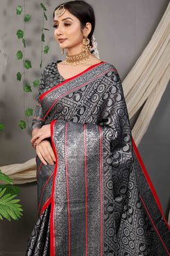 Admyrin Black Banarasi Silk Woven Saree with Blouse Piece