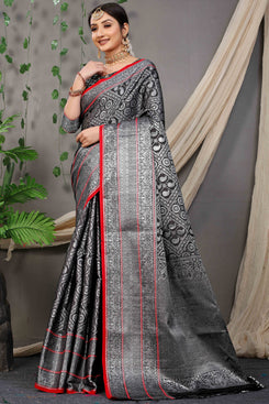 Admyrin Black Banarasi Silk Woven Saree with Blouse Piece