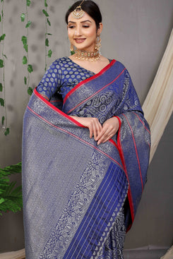 Admyrin Blue Banarasi Silk Woven Saree with Blouse Piece