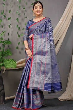 Admyrin Blue Banarasi Silk Woven Saree with Blouse Piece