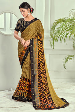 Admyrin Brown & Golden Chiffon Brasso  Embroidery  Designer Party Wear Saree with Blouse Piece