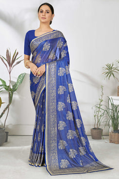 Admyrin Royal Blue Lycra Printed Designer Party Wear Saree with Blouse Piece