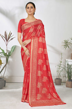 Admyrin Red Lycra Printed Designer Party Wear Saree with Blouse Piece