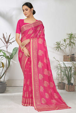 Admyrin Rani Pink Lycra Printed Designer Party Wear Saree with Blouse Piece