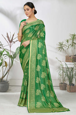 Admyrin Green Lycra Printed Designer Party Wear Saree with Blouse Piece
