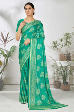 Admyrin Rama Green  Lycra Printed Designer Party Wear Saree with Blouse Piece