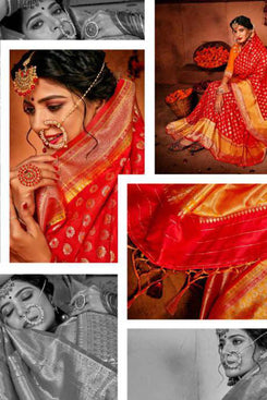 Bhelpuri Red Banarasi Silk Woven Traditional Saree with Blouse Piece