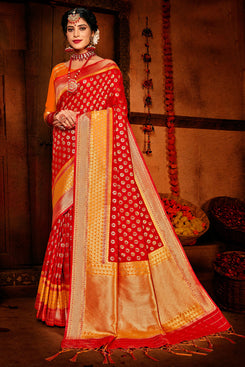 Bhelpuri Red Banarasi Silk Woven Traditional Saree with Blouse Piece