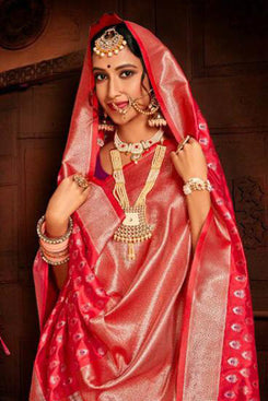 Bhelpuri Gajari Pink Banarasi Silk Woven Traditional Saree with Blouse Piece