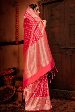 Bhelpuri Gajari Pink Banarasi Silk Woven Traditional Saree with Blouse Piece