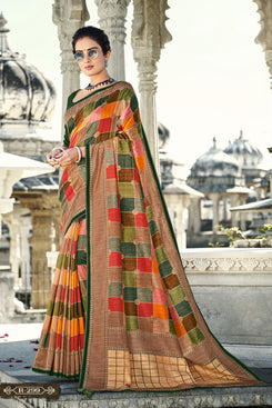 Admyrin Multicolor Dyebal Gadhwal Silk Woven Saree with Blouse Piece