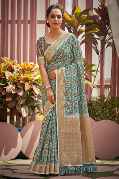Admyrin Green Silk Digital Print Saree with Blouse Piece