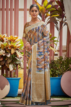 Admyrin Multicolor Silk Digital Print Saree with Blouse Piece