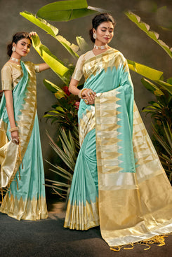 Bhelpuri Aqua Phantom Silk Woven Traditional Saree with Blouse Piece