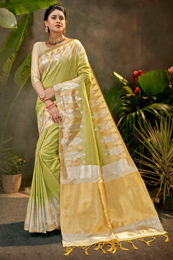 Bhelpuri Pista Phantom Silk Woven Traditional Saree with Blouse Piece