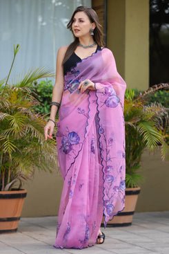 Admyrin Pink Organza Printed Saree with Blouse Piece