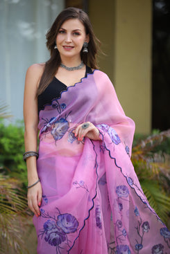 Admyrin Pink Organza Printed Saree with Blouse Piece
