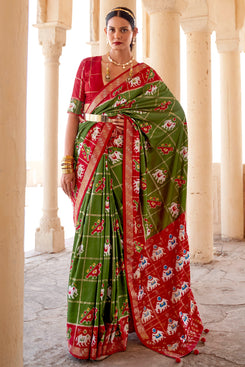Admyrin Green & Red Smooth Patola Woven Saree with Blouse Piece