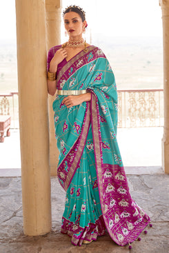 Admyrin Aqua & Purple Smooth Patola Woven Saree with Blouse Piece