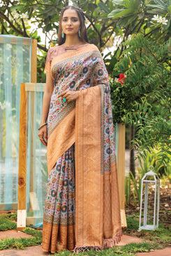 Admyrin Blue & Orange Silk Digital Printed Saree with Blouse Piece