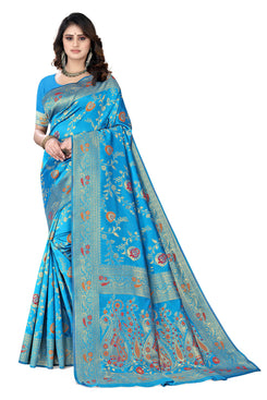Admyrin Aqua Blue Banarasi Silk Woven Saree with Blouse Piece