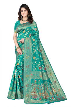 Admyrin Rama Blue Banarasi Silk Woven Saree with Blouse Piece