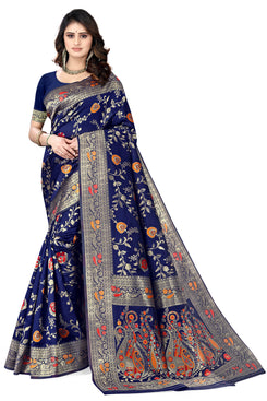 Admyrin Navy Blue Banarasi Silk Woven Saree with Blouse Piece