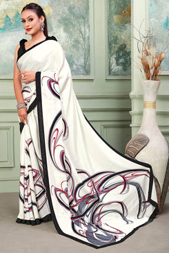 Admyrin Off-White Silk Crepe Printed Saree with Blouse Piece