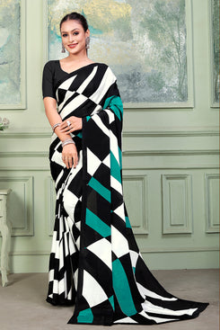Admyrin Black White & Green Silk Crepe Printed Saree with Blouse Piece