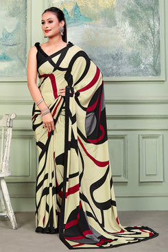 Admyrin Yellow & Black Silk Crepe Printed Saree with Blouse Piece