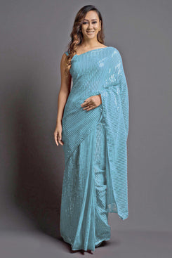 Admyrin Aqua Blue Heavy Georgette Sequence Saree with Blouse Piece