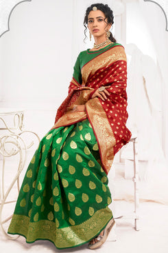 Bhelpuri Red & Green Jacquard Silk Paithani With Jacquard Work Traditional Saree with Blouse Piece