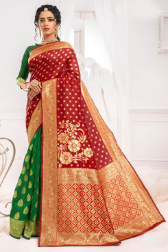 Bhelpuri Red & Green Jacquard Silk Paithani With Jacquard Work Traditional Saree with Blouse Piece