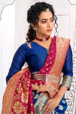 Bhelpuri Rani Pink & Royal Blue Jacquard Silk Paithani With Jacquard Work Traditional Saree with Blouse Piece
