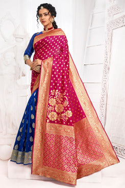 Bhelpuri Rani Pink & Royal Blue Jacquard Silk Paithani With Jacquard Work Traditional Saree with Blouse Piece