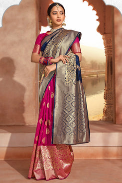 Bhelpuri Navy Blue & Rani Pink Jacquard Silk Paithani With Jacquard Work Traditional Saree with Blouse Piece
