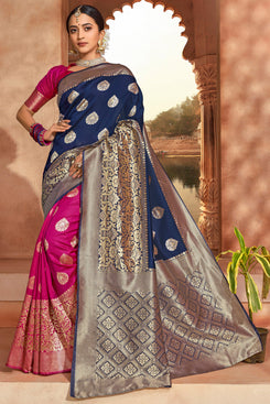 Bhelpuri Navy Blue & Rani Pink Jacquard Silk Paithani With Jacquard Work Traditional Saree with Blouse Piece